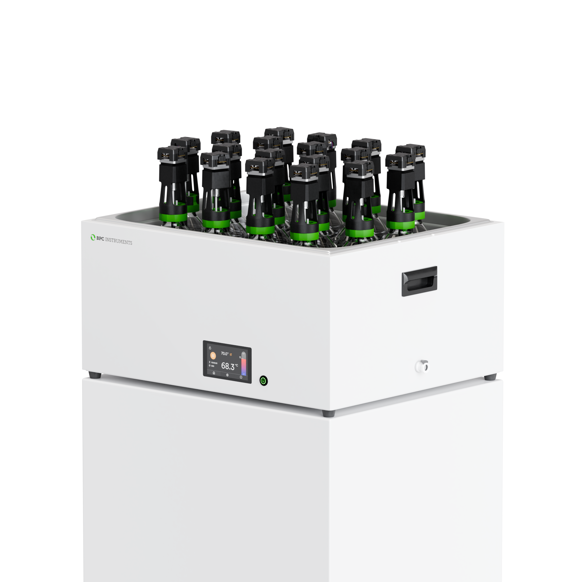 BPC Instruments thermostatic water bath with 18 reactor bottles and a digital temperature display.