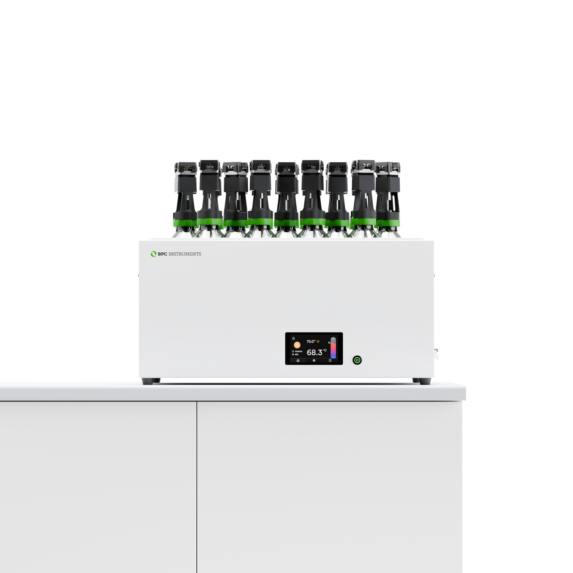 BPC Instruments thermostatic water bath with 18 reactor bottles and a digital temperature display.