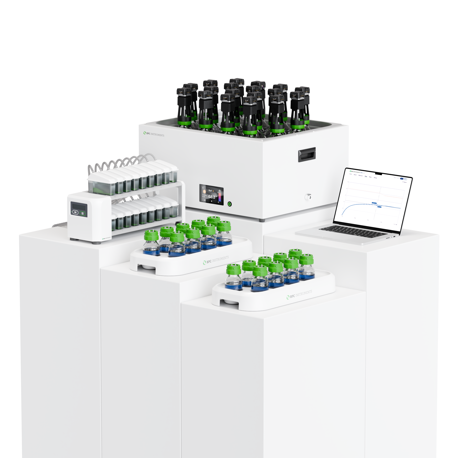 BPC Instruments AMPTS laboratory system with incubation unit, gas volume measuring devices and Aurora software displayed on a laptop.