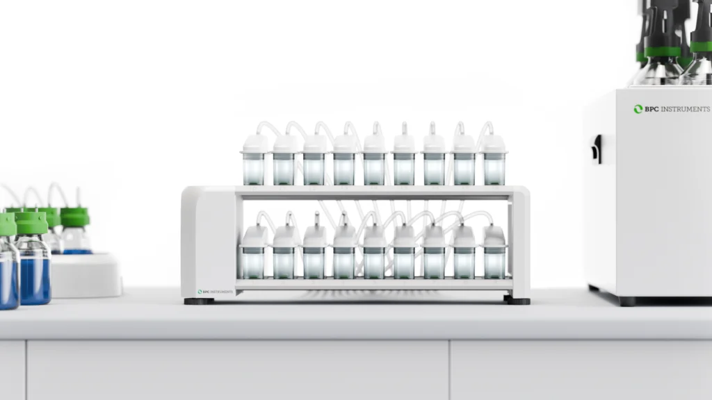 BPC Instruments AMPTS with 18 flow cells connected to the reactor and carbon dioxide absorption units.
