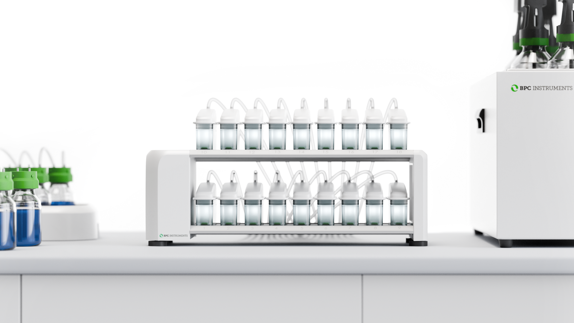 BPC Instruments AMPTS III with 18 flow cells connected to the reactor and carbon dioxide absorption units.