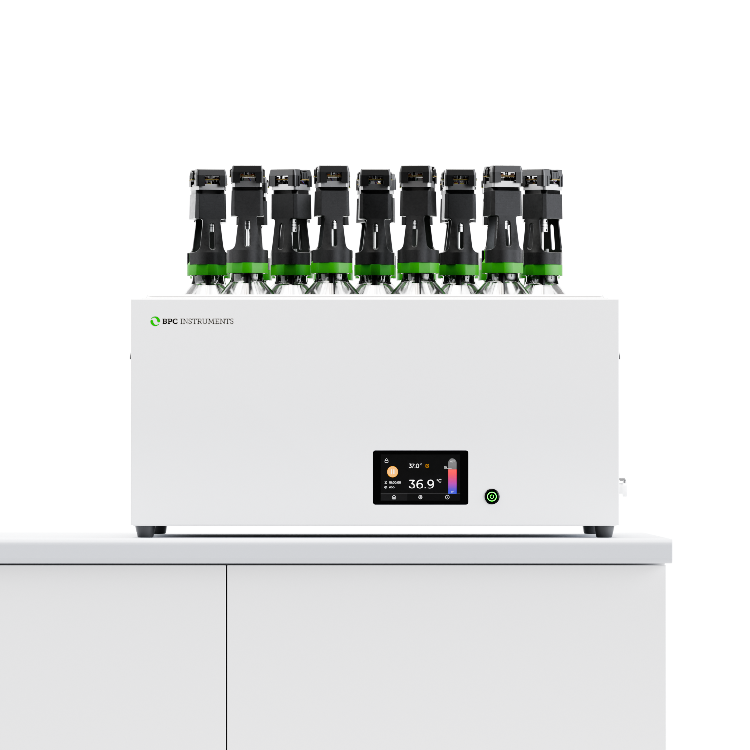 BPC Instruments thermostatic water bath with 18 reactor bottles and a digital temperature display.